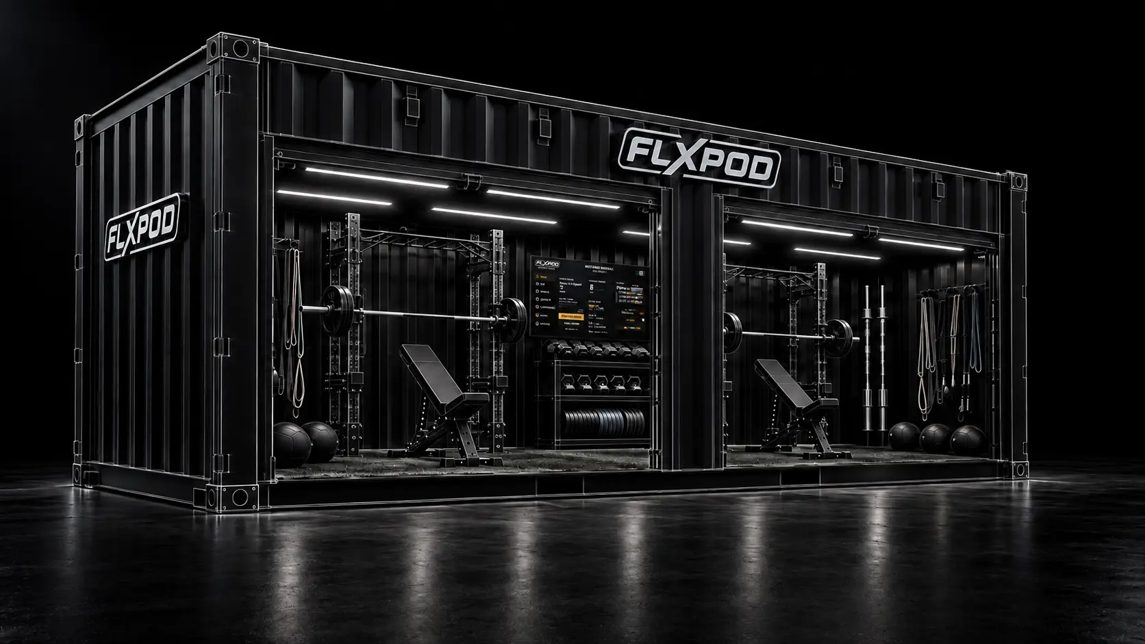 Black FLXPOD with two illuminated training bays, integrated strength equipment, and FLXPOD OS